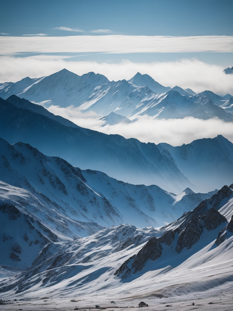 Breathtaking view of a snowy mountain range, with crisp clear air and a brilliant blue sky, serene, peaceful, majestic, high detail, winter landscape