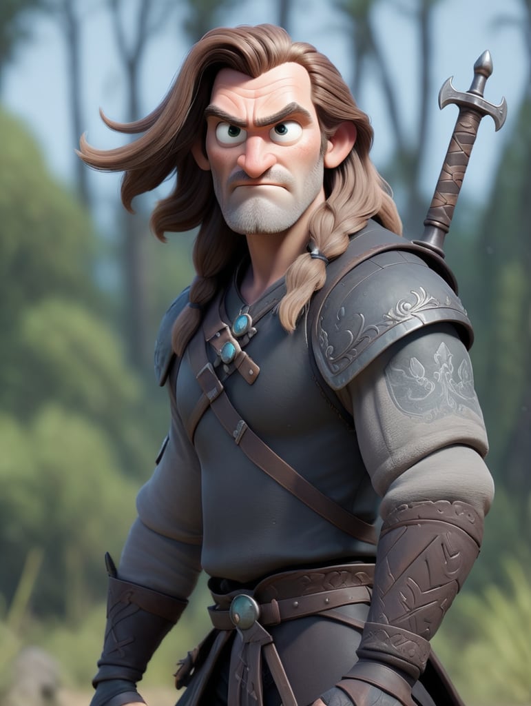 The witcher. A tall man with ashen long hair and two swords on his back
