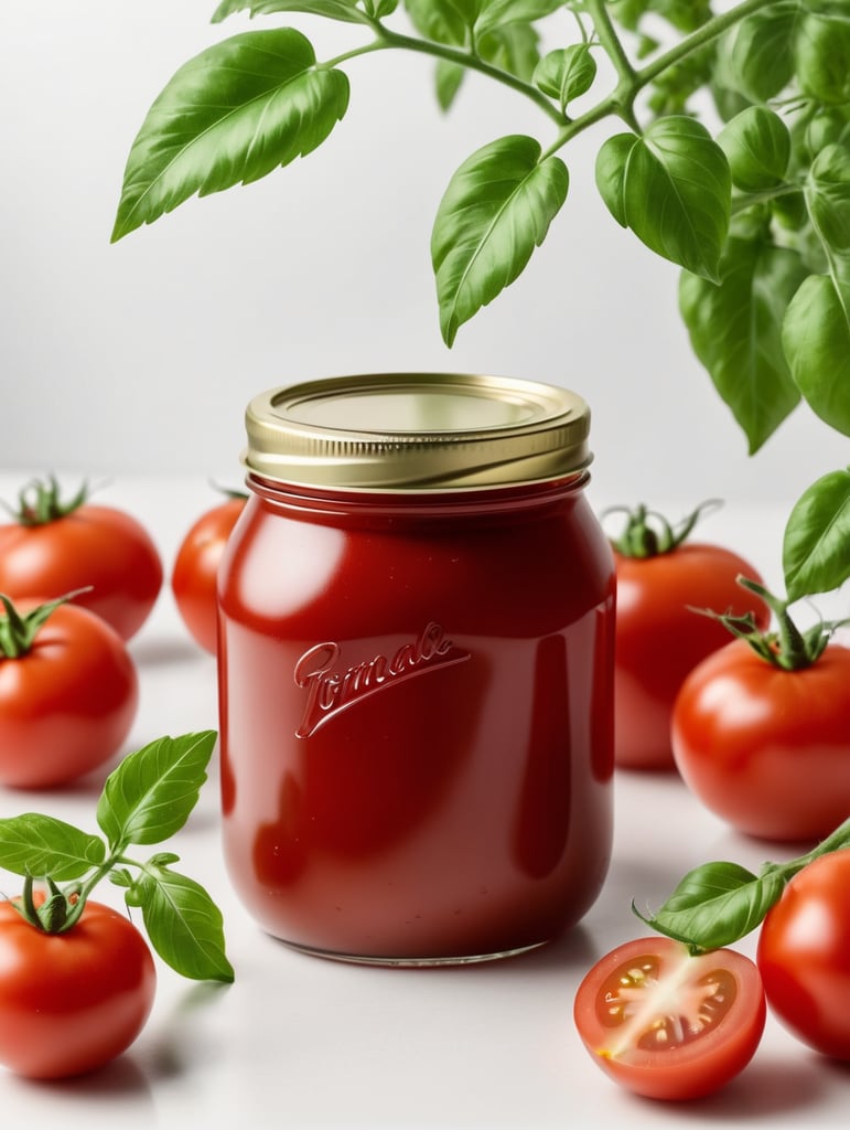 tomato ketchup jar, red tomato with green leaves, isolated, white background, mockup