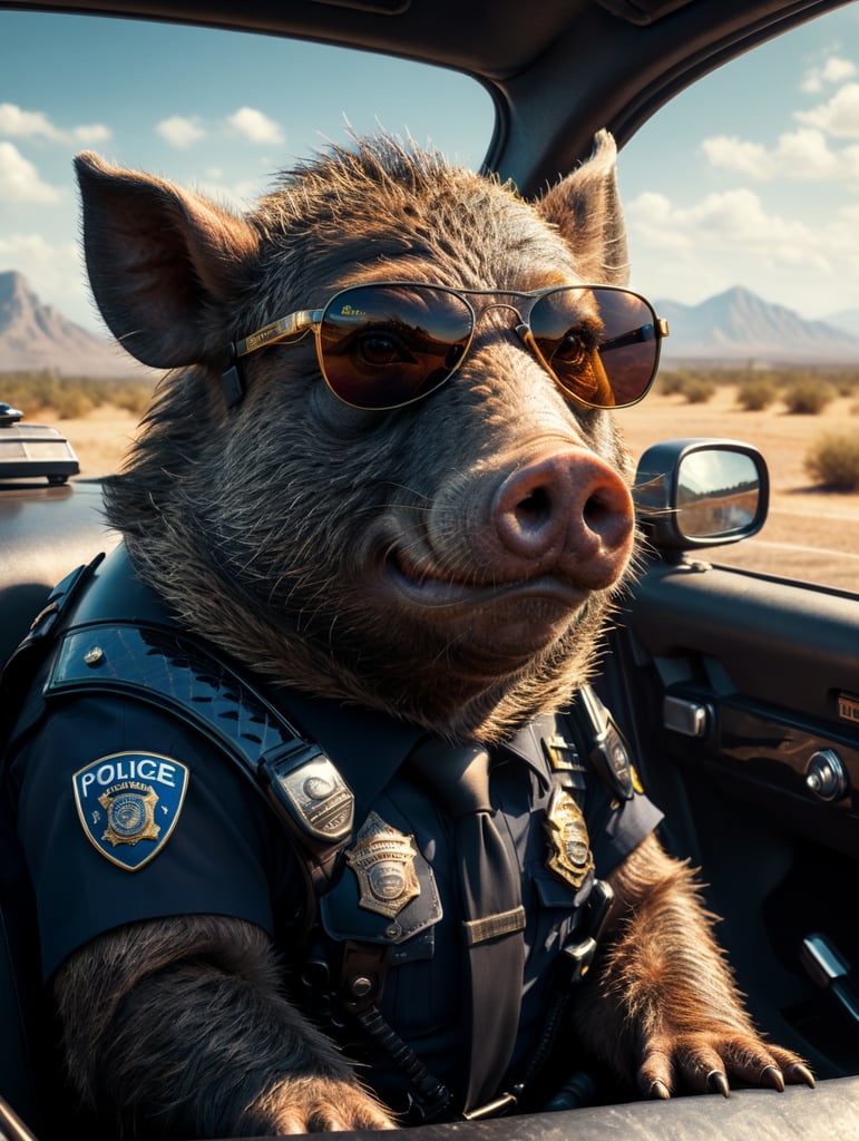 A wild boar police officer, sitting behind the wheel of a police car, close-up shot, sunglasses, clipart, stock photo