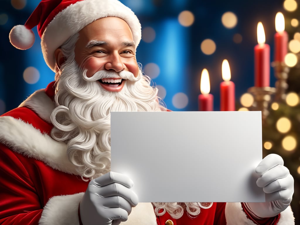 Portrait of Santa Claus smiling, White Background, holding a white business card, whimsical facial expression, flowing white beard, jolly caricature, saturated colors, red outfit, sharp focus, portrait photography, depth of field, dramatic candlelit lighting, incredibly high detailed, blue background, blurred background,