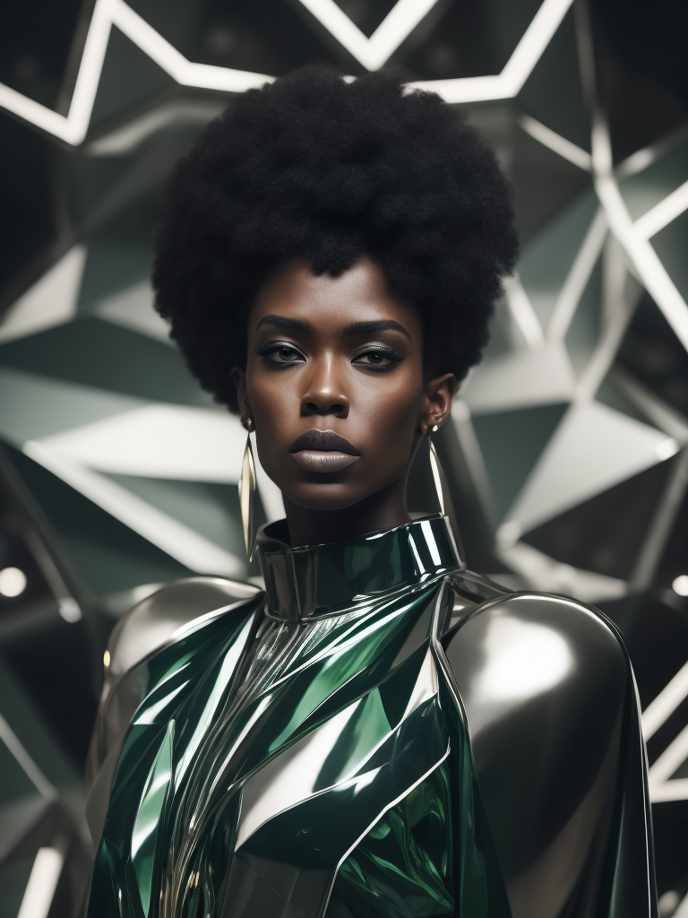 Serious black female model, looking diagonally, dressed in extravagant and vanguardist clothing, plastic and latex materials, abstract shapes, asymmetric techno ornaments, predominant green, 4k, medium shot, cinematic photography, Iris van Herpen style.