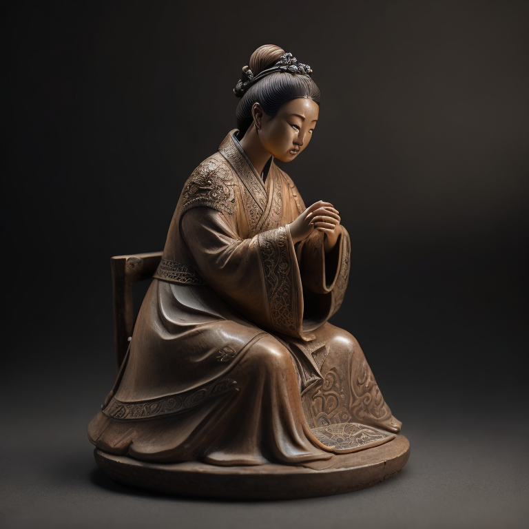 ancient small clay and glazed Chinese sculpture of a woman, deep atmosphere, realistic