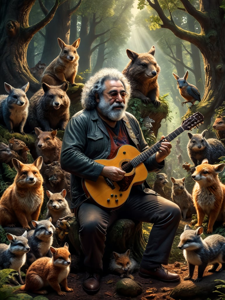 Jerry Garcia playing guitar for woodland animals