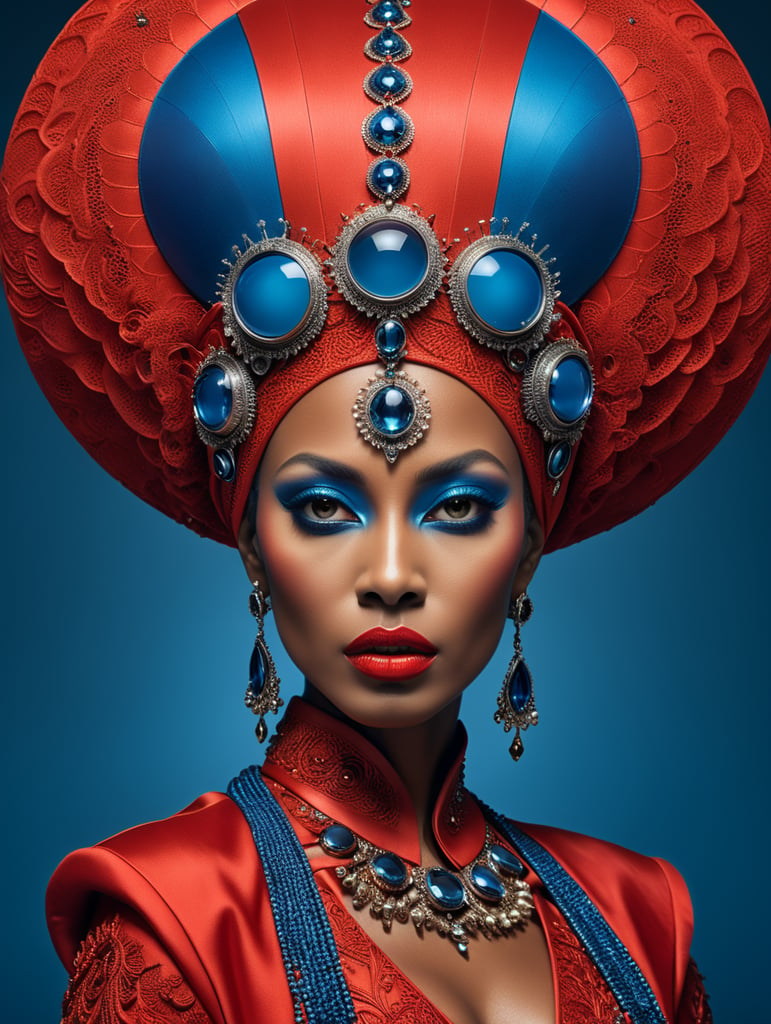 Vogue cover, Donyale luna, avant-garde, simplygo, photoshoot spread, dressed in all red, blue background, harpers bizarre, cover, headshot, hyper realistic