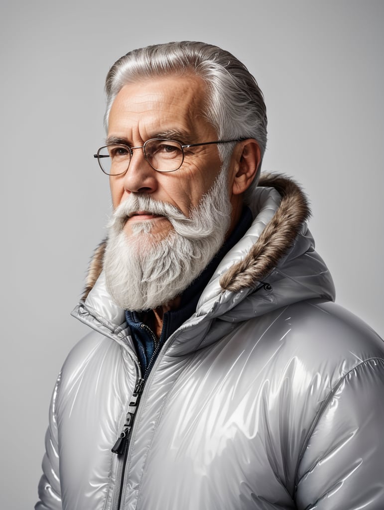 Inflatable white minimalist old man with beard puffer jacket, transparent, isolated, grey background, mockup