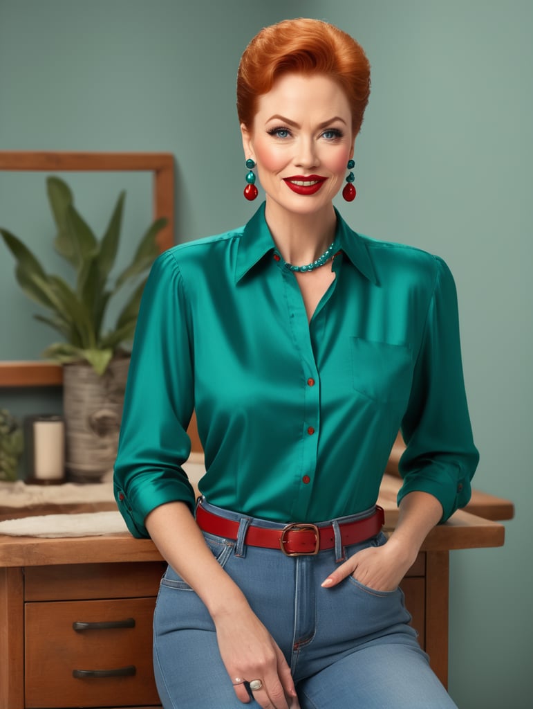 Lois is a tall, orangeheaded Caucasian woman. She wears blue pearl earrings, red lipstick, a teal green buttoned up women's shirt with sleeves rolled up to the elbow, tan jeans, and red slip on shoes.