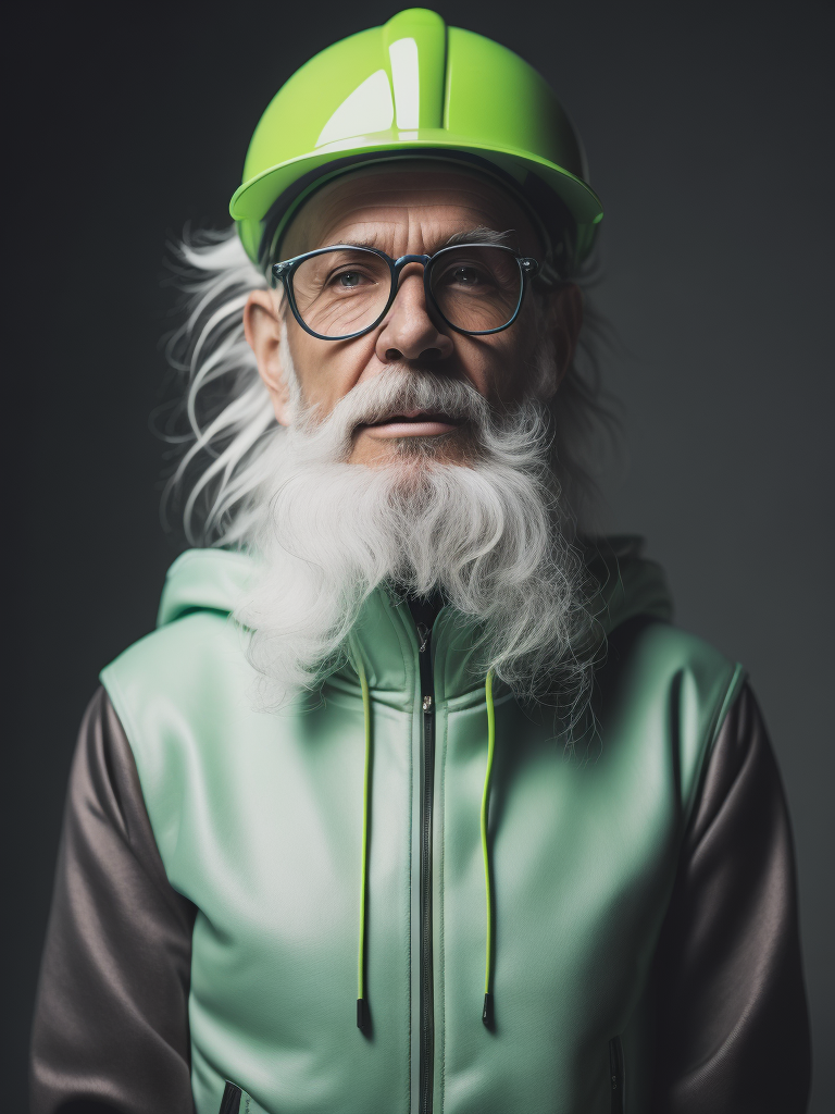 a gnome from fairytale 76 years old wearing a neon green helmet dressed in athletic clothing and glasses, in the style of futuristic glam, retro futurism, neon green clothing, glasses without color, clear glass, long white hair, teal background, mike campau, anton fadeev, high gloss, mono-ha