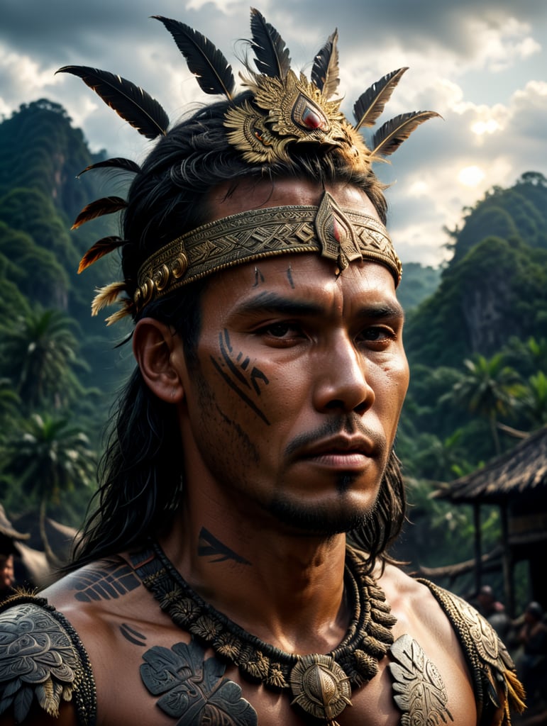 A Man Dayak tribe cultural with dress traditional morning light