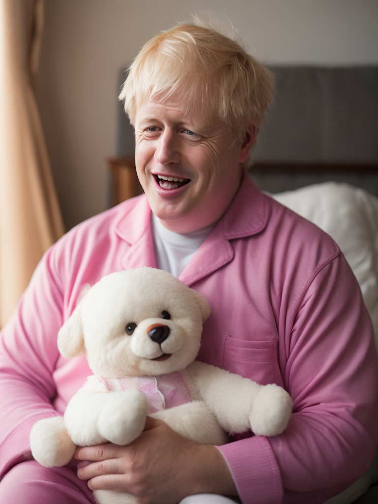 Boris Johnson in pink pajamas laughing, holding a cute toy in his hands, bright and saturated colors, detailed portrait, realistic style