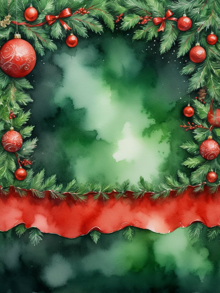 watercolor red and green christmas background with lots of white space