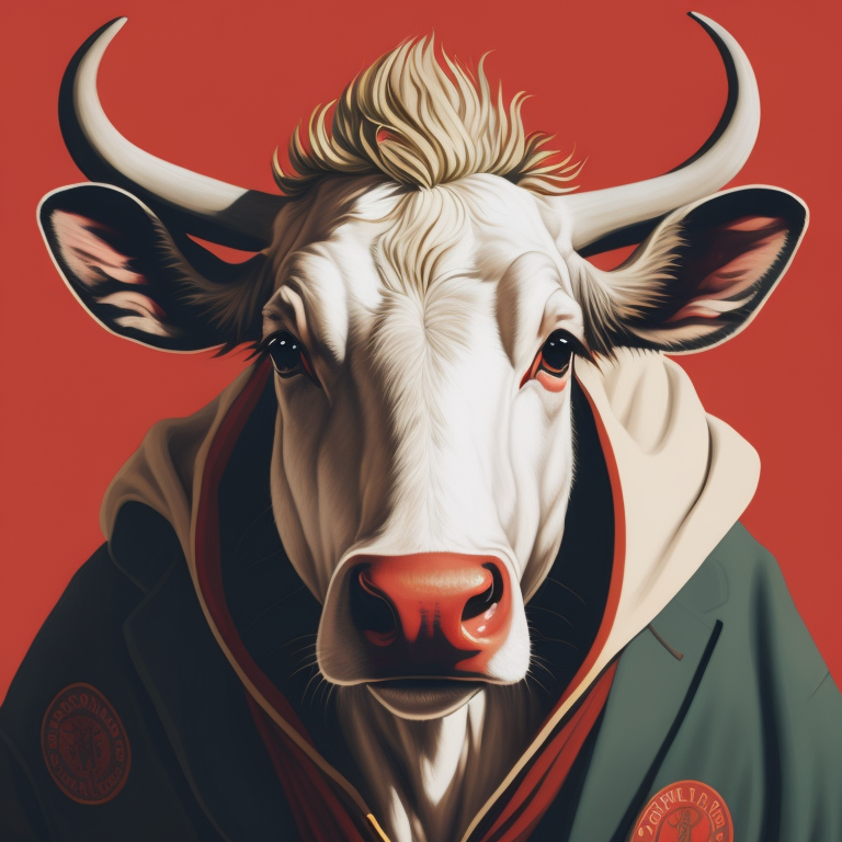 white cow , face smile,portrait, red hoodie, green mohawk, vintage, photorealistic illustration, vector, flat, isolated on white background, Painting, Oil, Still Life, Botanical, Italy, style of Giuseppe Arcimboldo