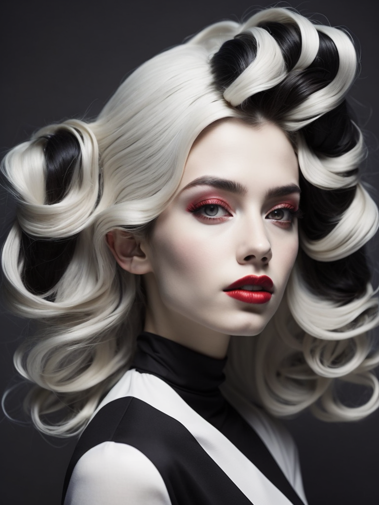 Pale-skinned girl model, wearing a black and white striped dress with a high collar, contrast lighting, Bright red make-up, Black and white curly long hair, dark background, fashion model, magazine cover, professional shot,