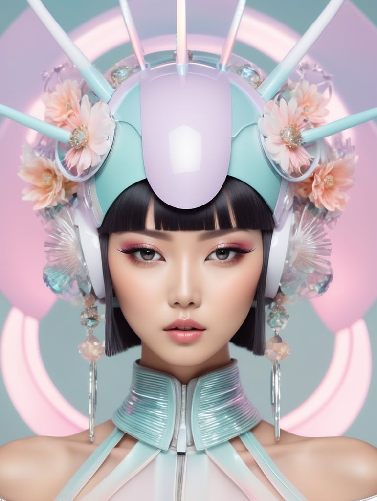 A beautiful Japanese female pop artist wearing a pastel sleek futuristic outfit with a huge headpiece centerpiece. She has clean makeup and is captured in vivid colors, embodying the essence of fantasy and a minimalist, fantastical, edgy, and regal themed outfit, with depth of field.
