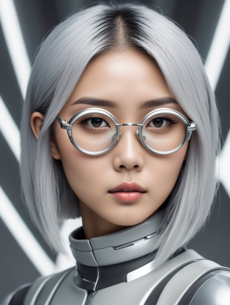 girl with slim Asian features with silver hair and futuristic glasses