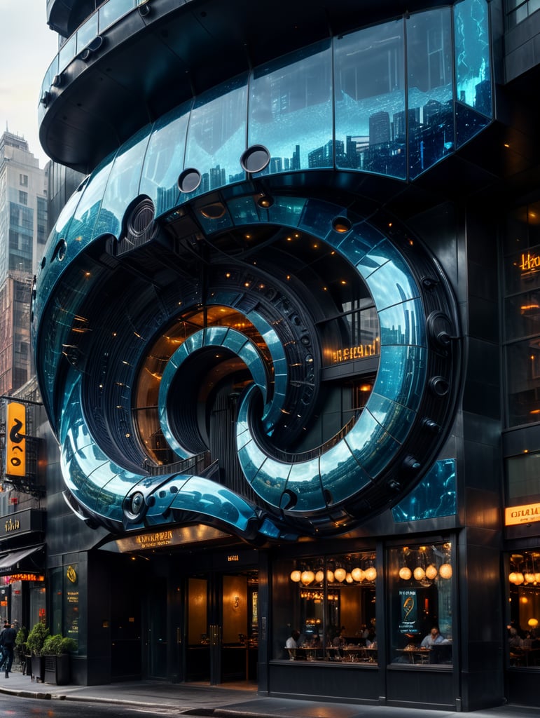 A futuristic neocosmic architectural facade of à Restaurant on the form of a musical note, in New York city, in blue glass, hyper realistic, hyper detailed, Nikon camera