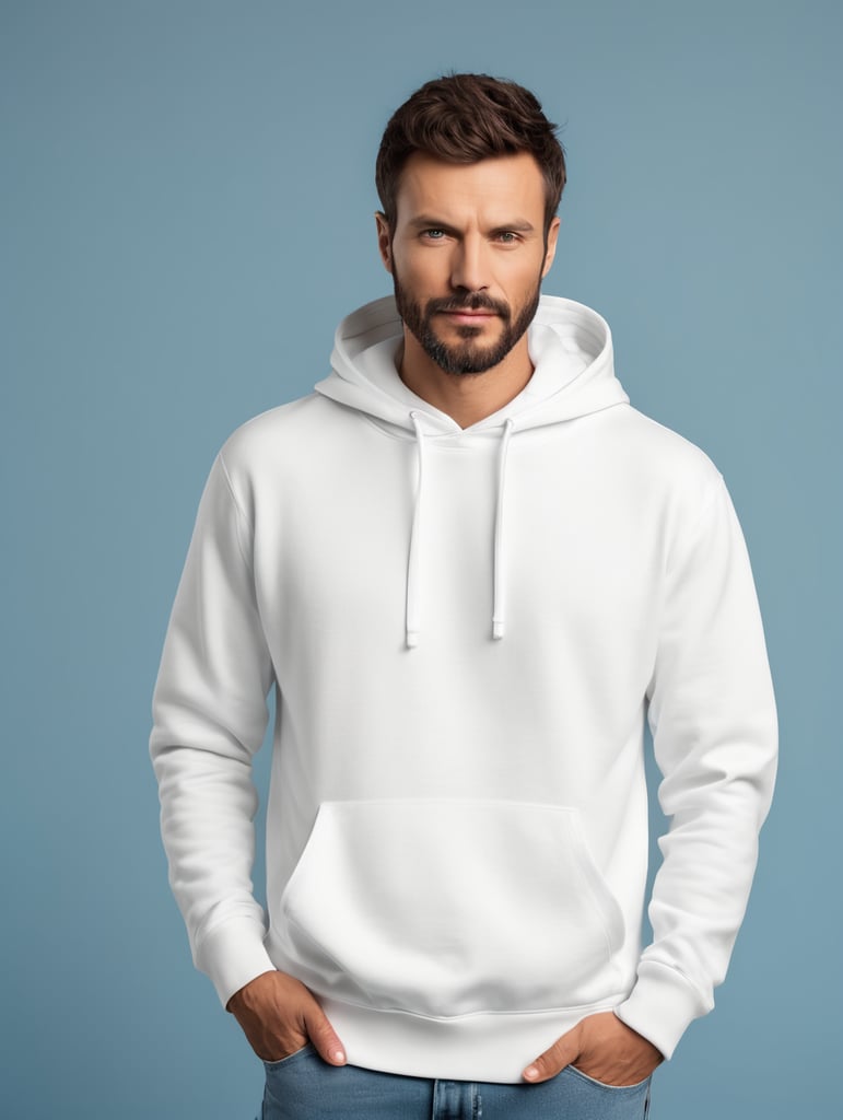 photography of a man wearing blank white hoodie, isolated, blue background, style of Richard Avedon, mockup, mock up