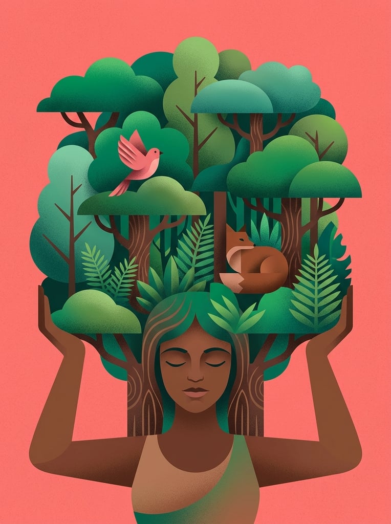 A surreal, geometric illustration of a dark-skinned woman with peacefully closed eyes supporting a dense forest across her shoulders against a solid coral-pink background. Her raised hands cradle a lush canopy of overlapping stylized trees, ferns, and rounded foliage in rich emerald and teal gradients. Hidden within the stippled, grainy jungle are simplified animal shapes including a pink bird and a brown fox. The composition blends flat vector forms with soft, volumetric airbrush shading.