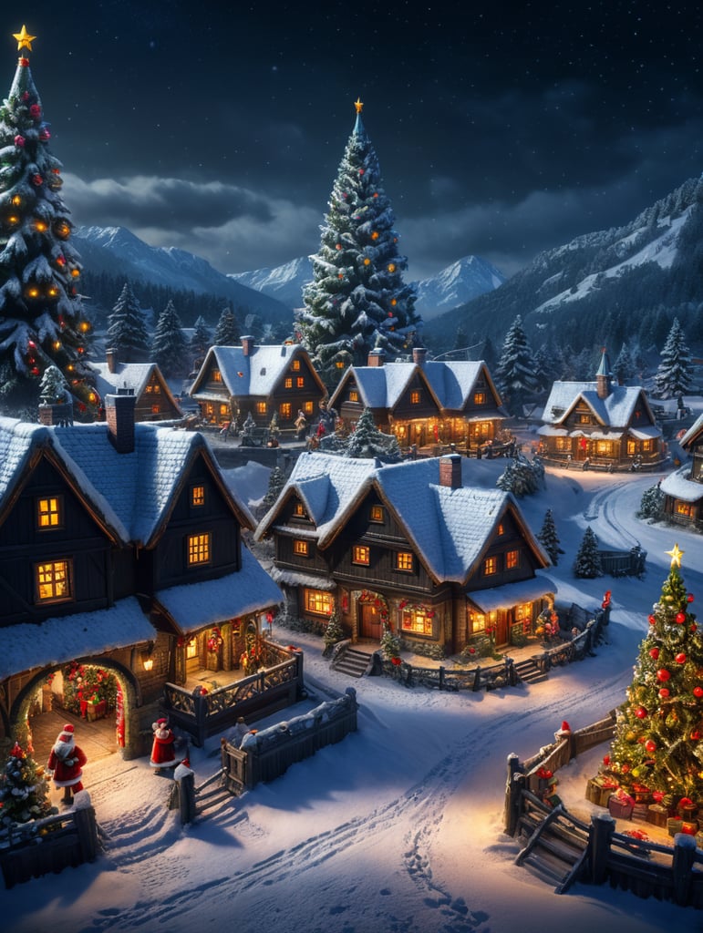 Snowy christmas night village with a focus on santa clause , christmas tree realastic image
