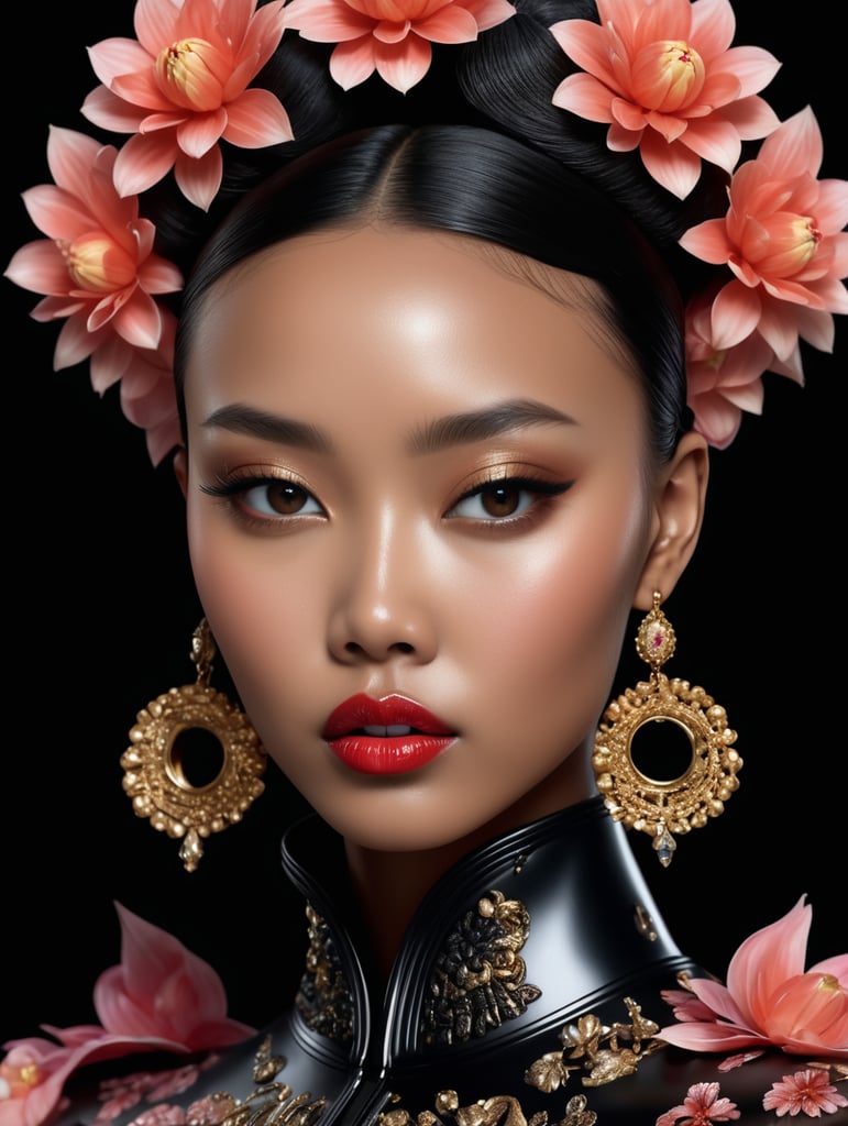 Black skin Asian girl fashion model, fashion photography , reality , fashion model has real skin texture , pure background ,art installation , 22mm lens , 3D render , black background , 8K , Tim walker , alexander mcqueen