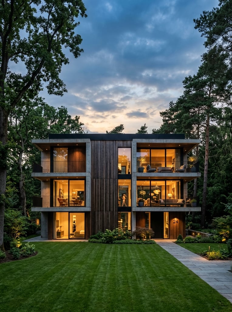 modern multi-level house exterior at dusk, vertical wood cladding, exposed concrete framework, large floor-to-ceiling windows revealing warmly lit interiors, cantilevered balconies, expansive manicured green lawn, framed by tall mature trees, twilight architectural photography, straight-on wide perspective