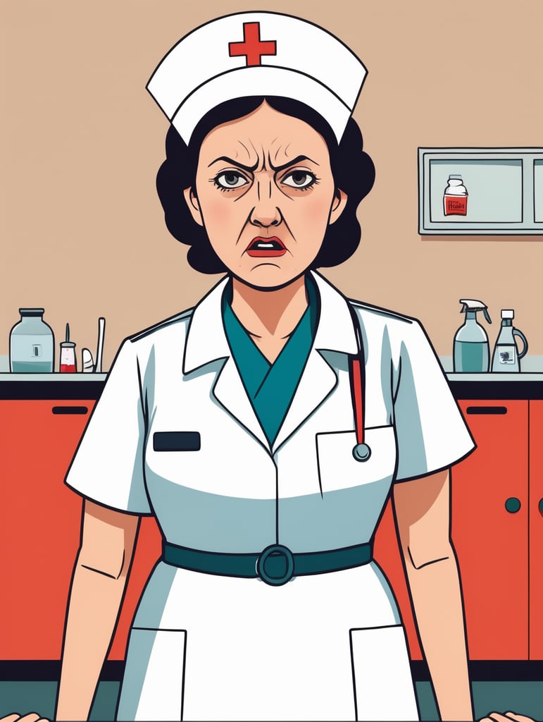 an angry nurse, Illustration, Flat Style, France, style of Jean Jullien