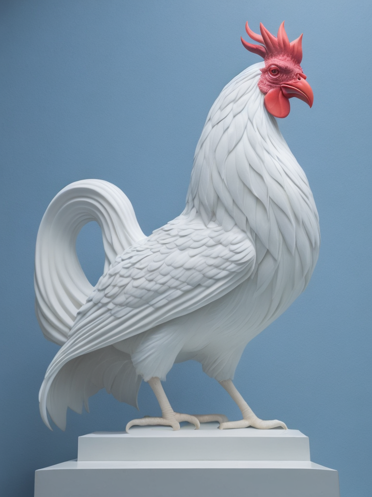 Create an all white statue depicting a majestic rooster. The lighting should highlight the artwork and create a dramatic atmosphere. The background should be a light blue sky.