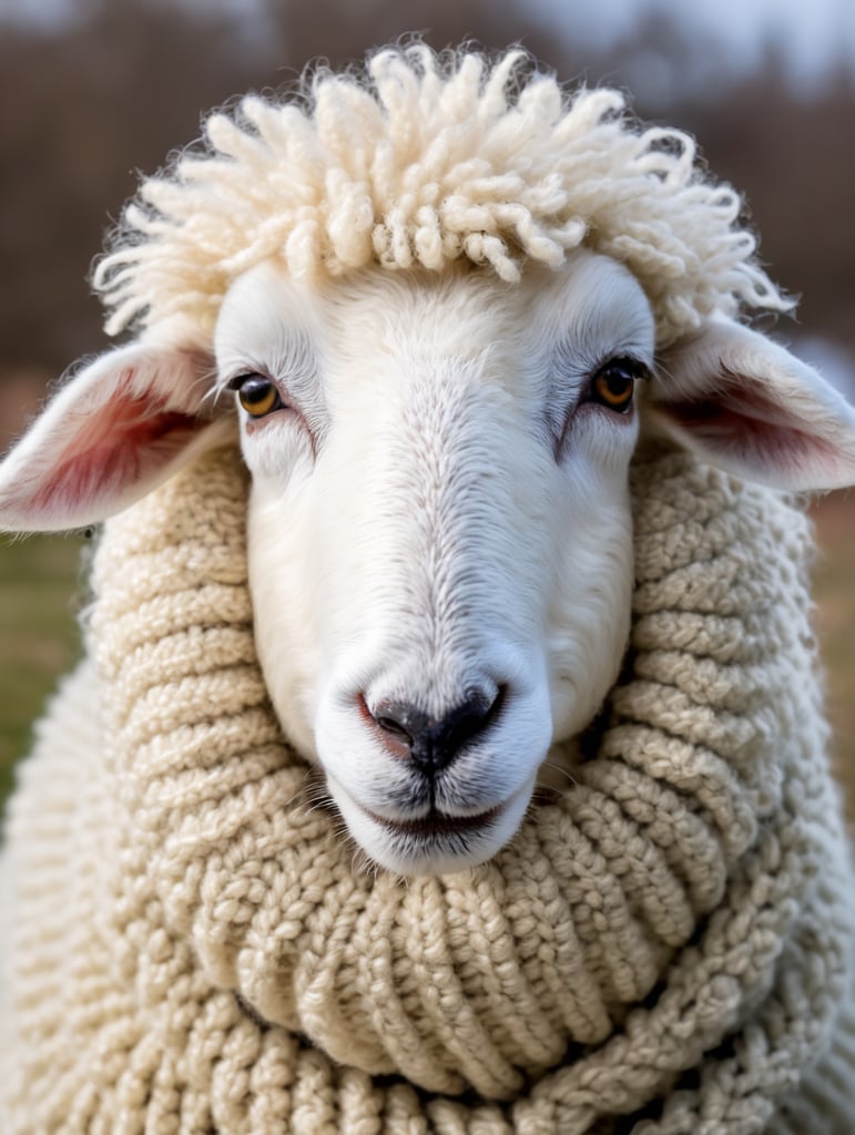 a white sheep wearing very hirsute crocheted sweaters for sheeple, portrait