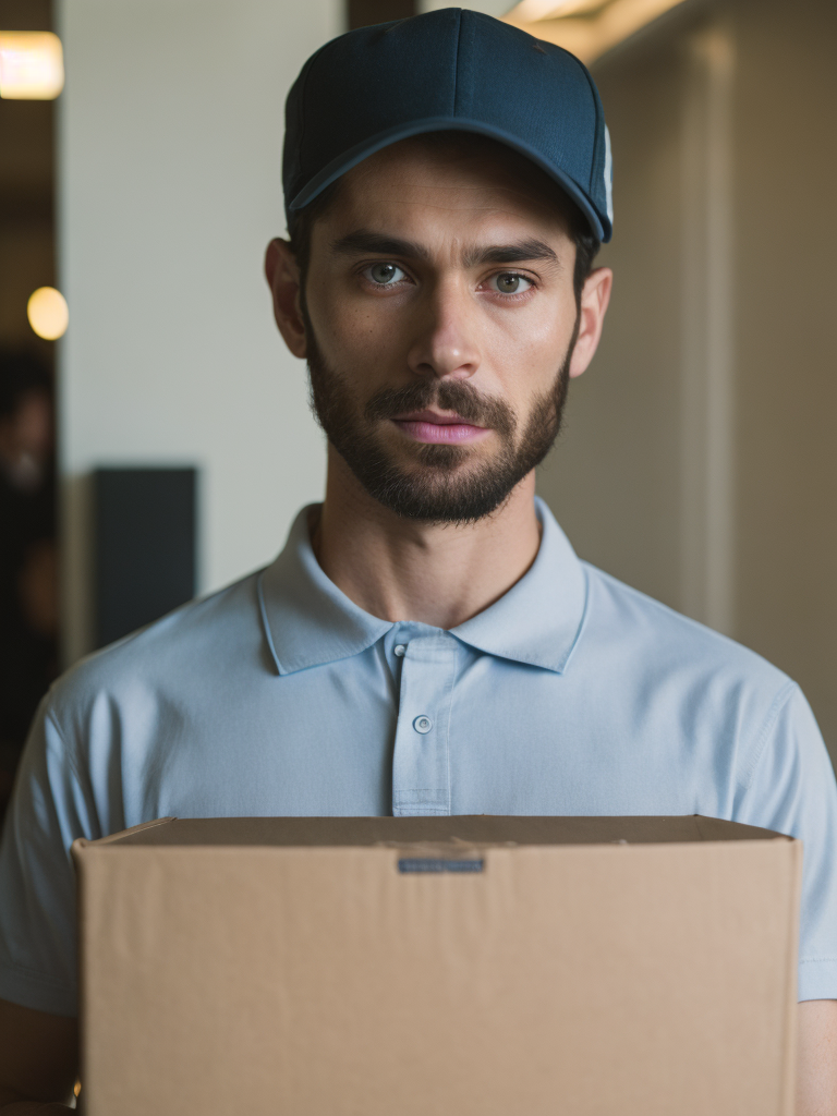 portrait of a delivery man, wearing a white cap and white t-shirt, holding a box