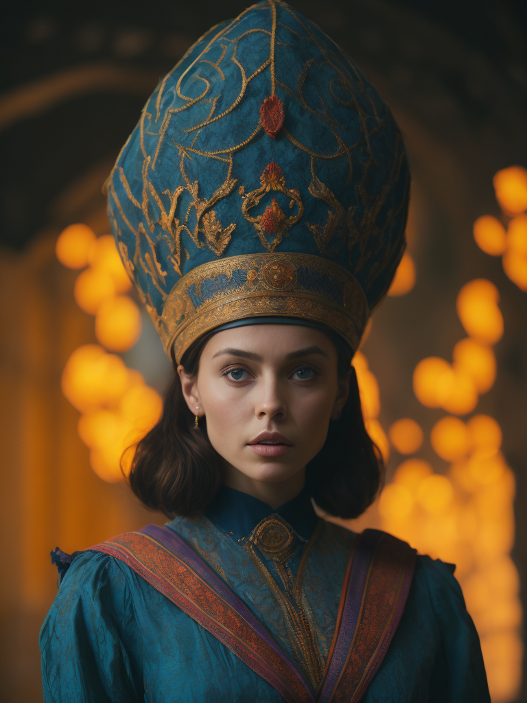 A beautiful girl in national Russian clothes, bright and colorful. In a kokoshnik. Standing straight looking into the lens.