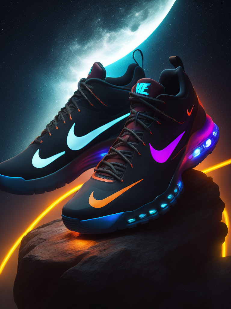 Illustration of a nike sports shoe in neon lights on a rock at night with moon light, bright and saturated colors, highly detailed, sharp focus, fashion magazine style