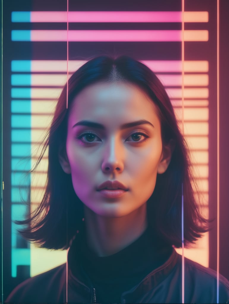 Shifting spectra, mixed multimedia portrait photography in retro-glitch art style, distorted graphics, spectacular neon lighting, additional contrast, cinematic risograph on three panels