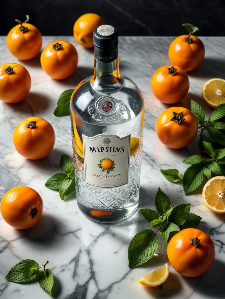 professional photo of a gin bottle on a white marble table surrounded by lemons, persimmons and mint, natural light