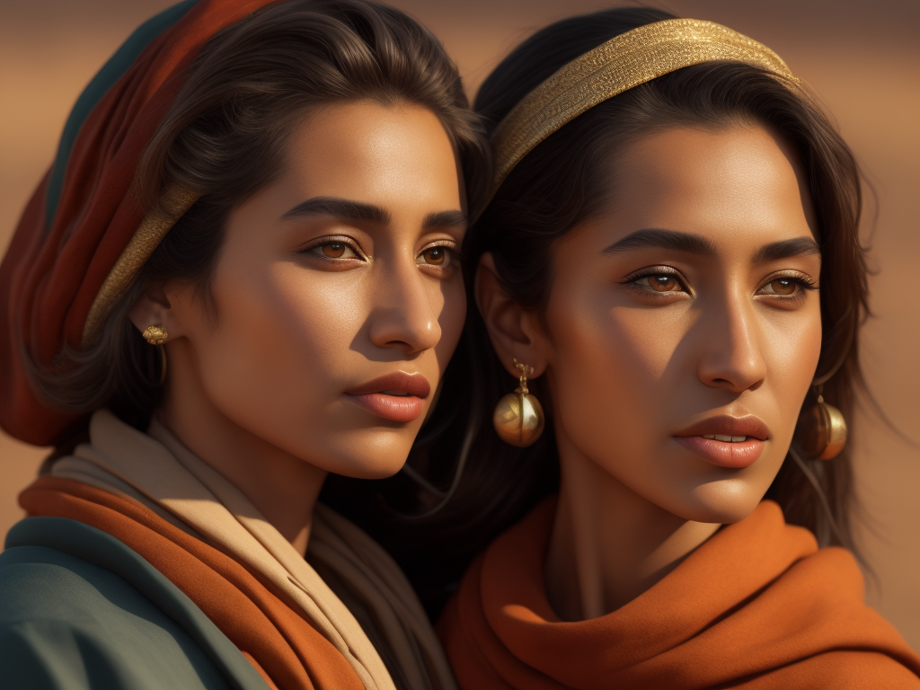a photorealistic image of an Berber woman from the Bible, noise ring, side view, brown eyes, olive skin, tanned, hair flowing in the wind, extremely detailed, realistic face, natural skin texture, extremely detailed skin with skin pores, peach fuzz, wearing red linen clothes, Israeli beauty, award winning photo, nikon d850 film archival photography, extremely detailed, amazing, fine details, rich color, texture hyper realistic, spectacular lighting, unreal engine, trending on artstation, 3 4 body view, realistic photo, RAW photo, high quality, high resolution, sharp