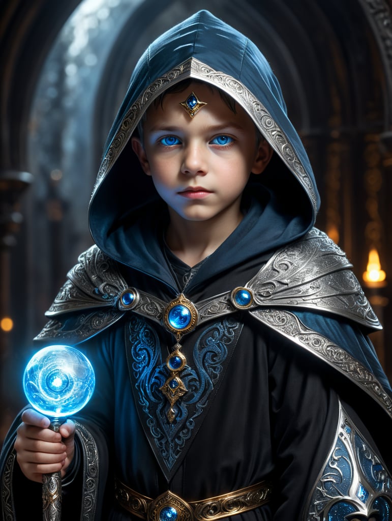 Child wizard divination silver starry black cloak gold eyes black and silver staff with blue glowing orb