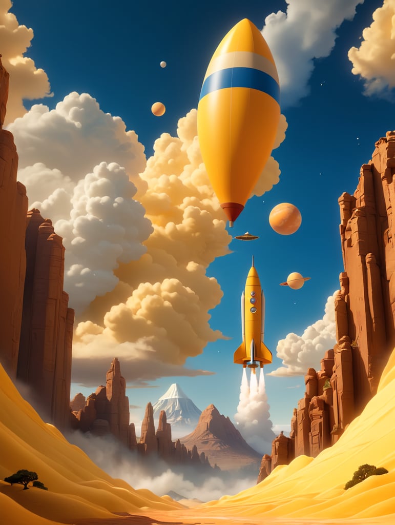 Ein Vintage-Reiseplakat für Venus im Hochformat. Die Szene zeigt die dicken, gelblichen Wolken der Venus mit der Silhouette eines sich nähernden alten Raketenschiffs. Geheimnisvolle Formen deuten auf Berge und Täler unter den Wolken hin. Der untere Text lautet: „Explore Venus: Beauty Behind the Mist“. Das Farbschema besteht aus Gold-, Gelb- und sanften Orangetönen und erweckt ein Gefühl des Staunens.