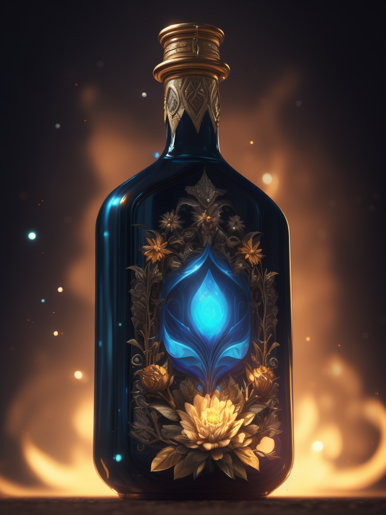 Magic elixir bottle with illuminated liquid, carved glass, decorated with flowers and gems, fairy atmosphere, illumination, dark blue color, smoke