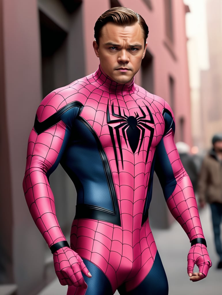 A super HD realistic photo leonardo di caprio in pink spiderman outfit