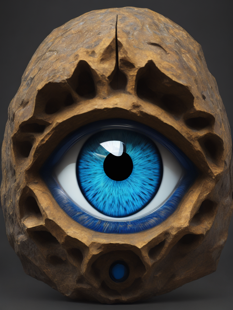 an image of a sculpture with a bright blue eye with black eyes, in the style of puzzle-like pieces, hieratic visionary, album covers, human connection, stone, yellow and azure, symmetry