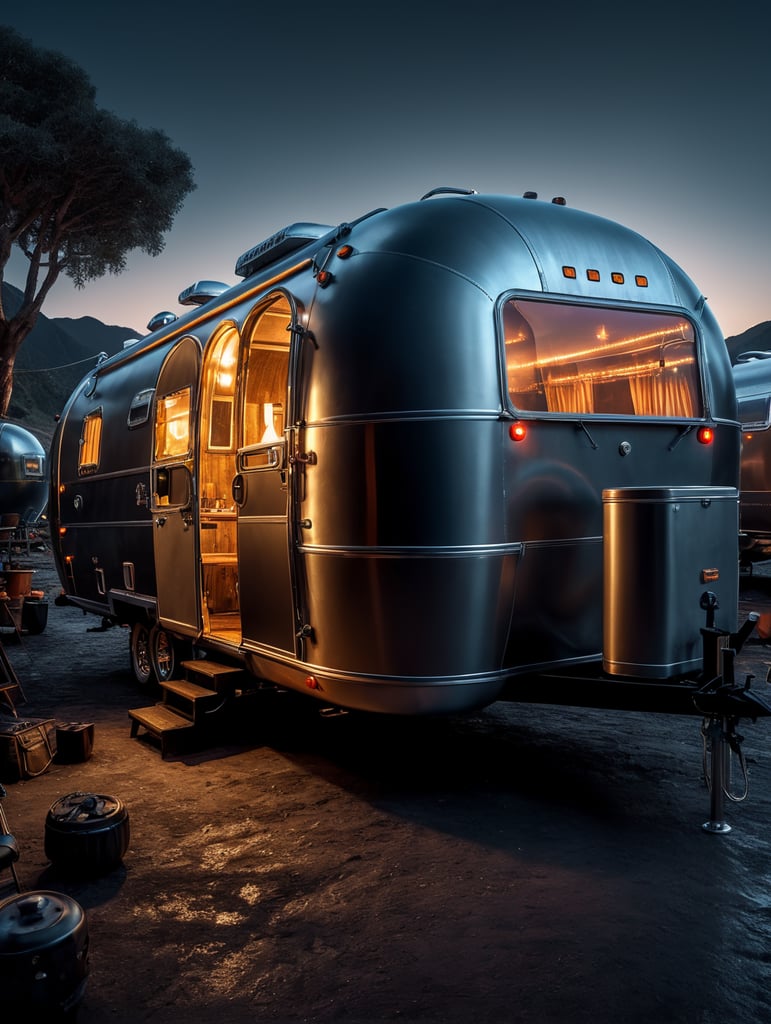 Futuristic alien Airstream camping trailers, steampunk and neon, cyber technology