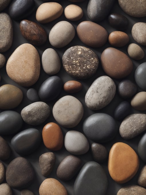 Texture of stones, pattern, background, top view, organic texture, seamless texture, scattered stones, gray and brown colors, deep colors, contrast lighting, voluminous stones, stones lie on top of each other, closely stacked stones