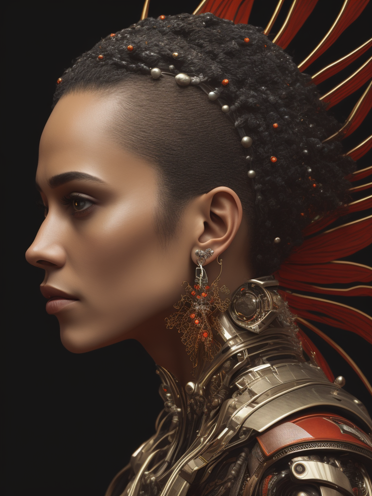 Complex 3d render ultra detailed of a beautiful profile angel, biomechanical cyborg, analog, 150 mm lens, beautiful natural soft rim light, big leaves and stems, roots, fine foliage lace, colorful details, samourai, boris bidjan saberi outfit, pearl earring, piercing, art nouveau fashion embroidered, intricate details, mesh wire, mandelbrot fractal, anatomical, facial muscles, cable wires, microchip, badass, hyper realistic, ultra detailed, octane render, volumetric lighting, red and white with a bit of black, detailled metalic bones, semi human, iridescent colors, glenn brown style, black background