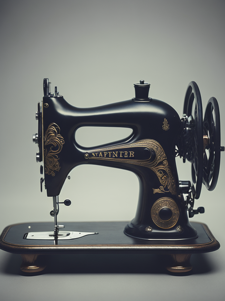 Vintage sewing machine, sharp focus, highly detailed, Dark gradient background, Muted colors