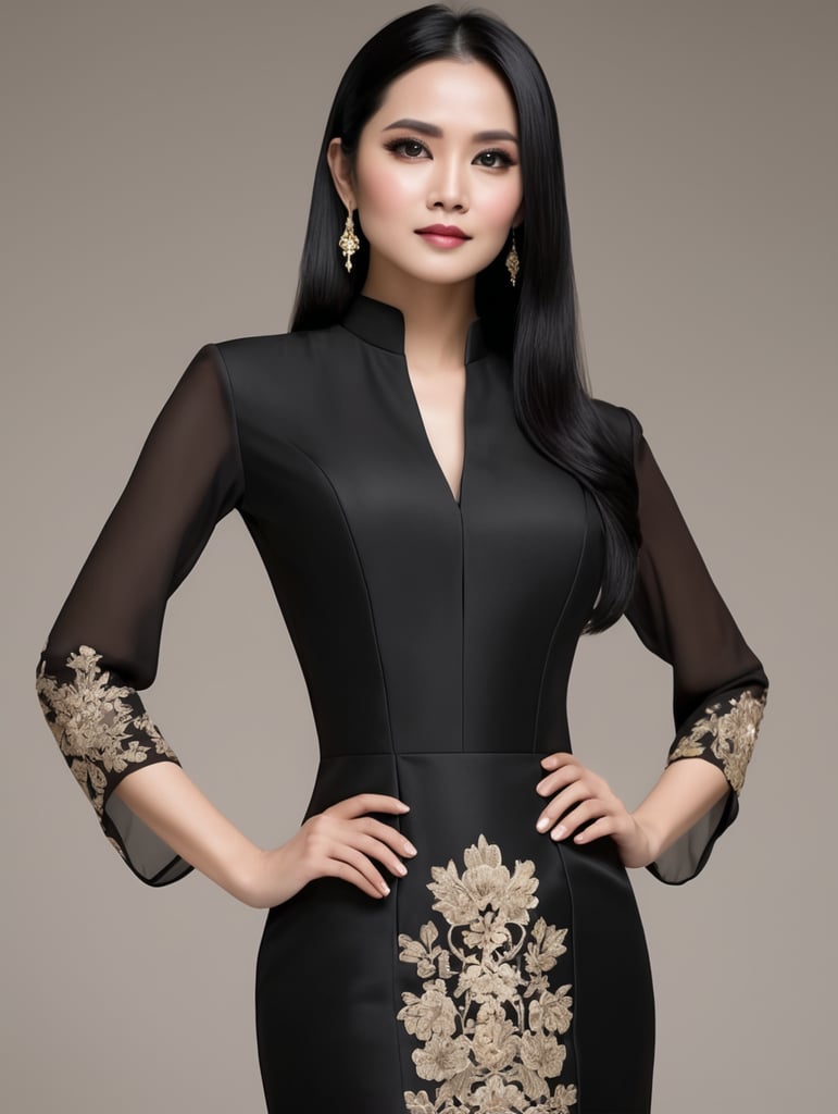Perempuan berambut lurus hitam panjang sepinggang dengan kebaya hitam, berdagu lancip
