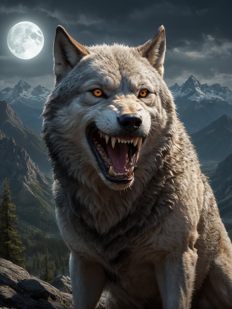Оскал волка на фоне гор ночью под свет луны