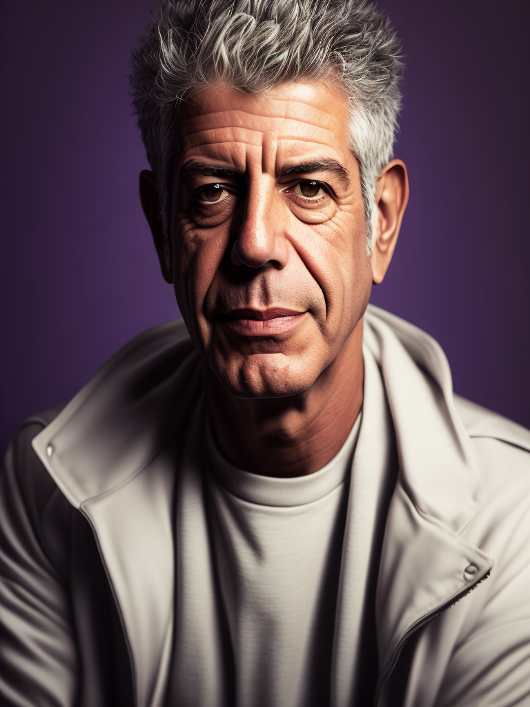 Portrait of anthony bourdain in a light suit with black thick rims, portrait in the kitchen, violet background, sharp focus, highly detailed, vintage style