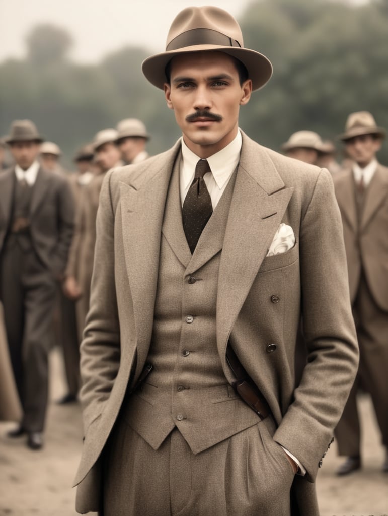 Buatkan foto pria tahun 1930 yang memakai setelan jas kuno