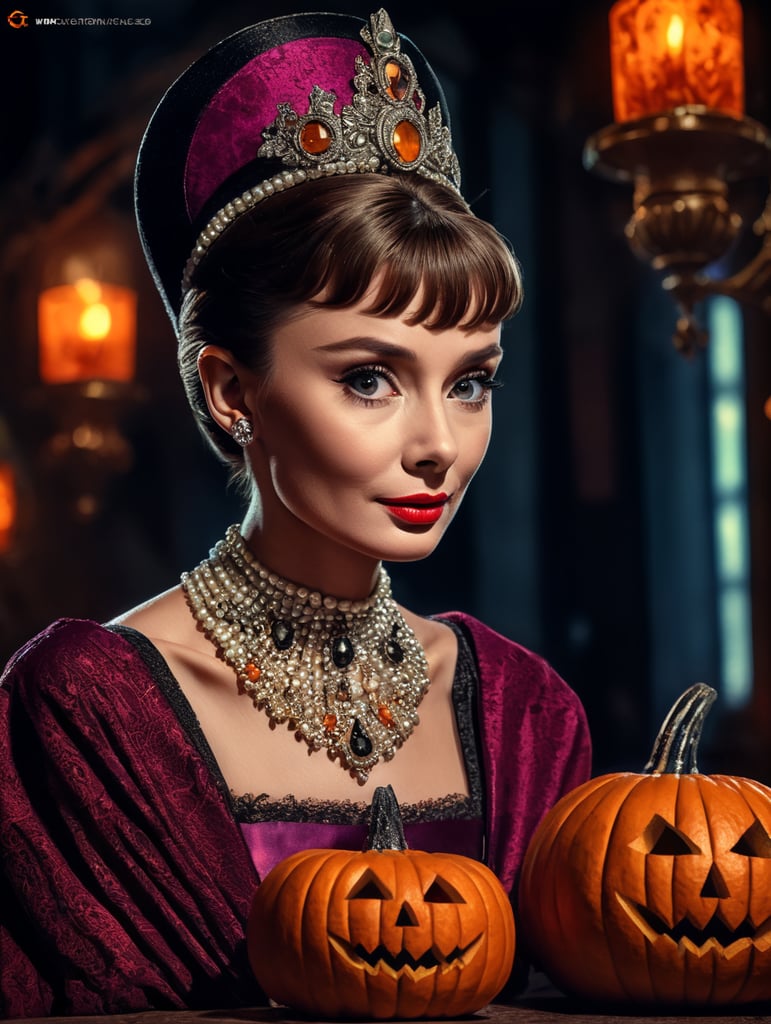 Audrey Hepburn in Halloween costume, Vivid saturated colors, Contrast color