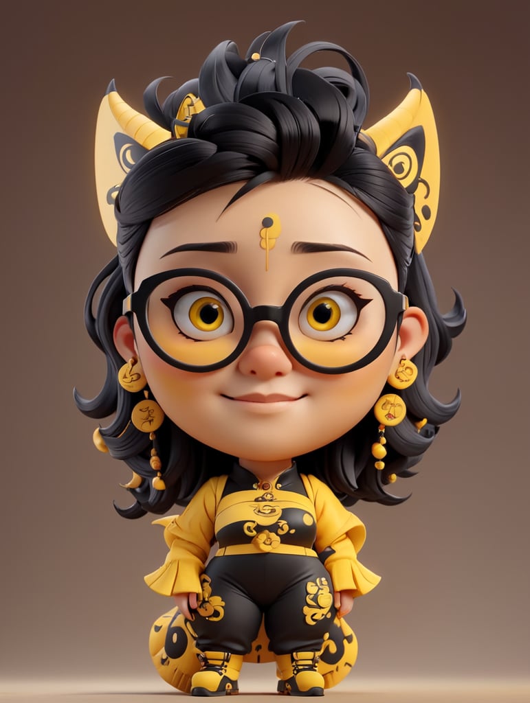 Chinese graphic designer, full body, creative, piercing, glasses, black and yellow colors