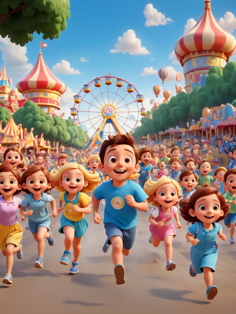 1000 kids running towards me, amusement park